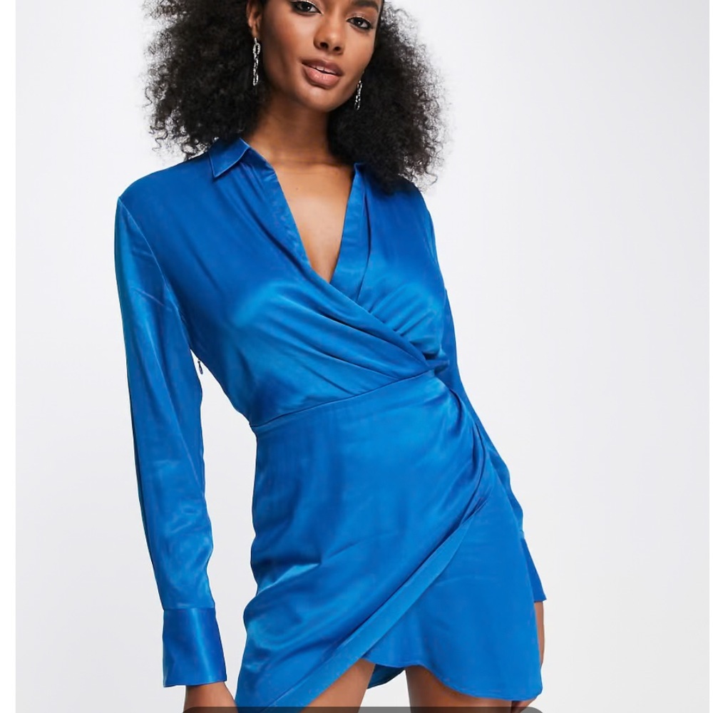 &Other Stories Satin Mini Wrap Shirt Dress in Blue